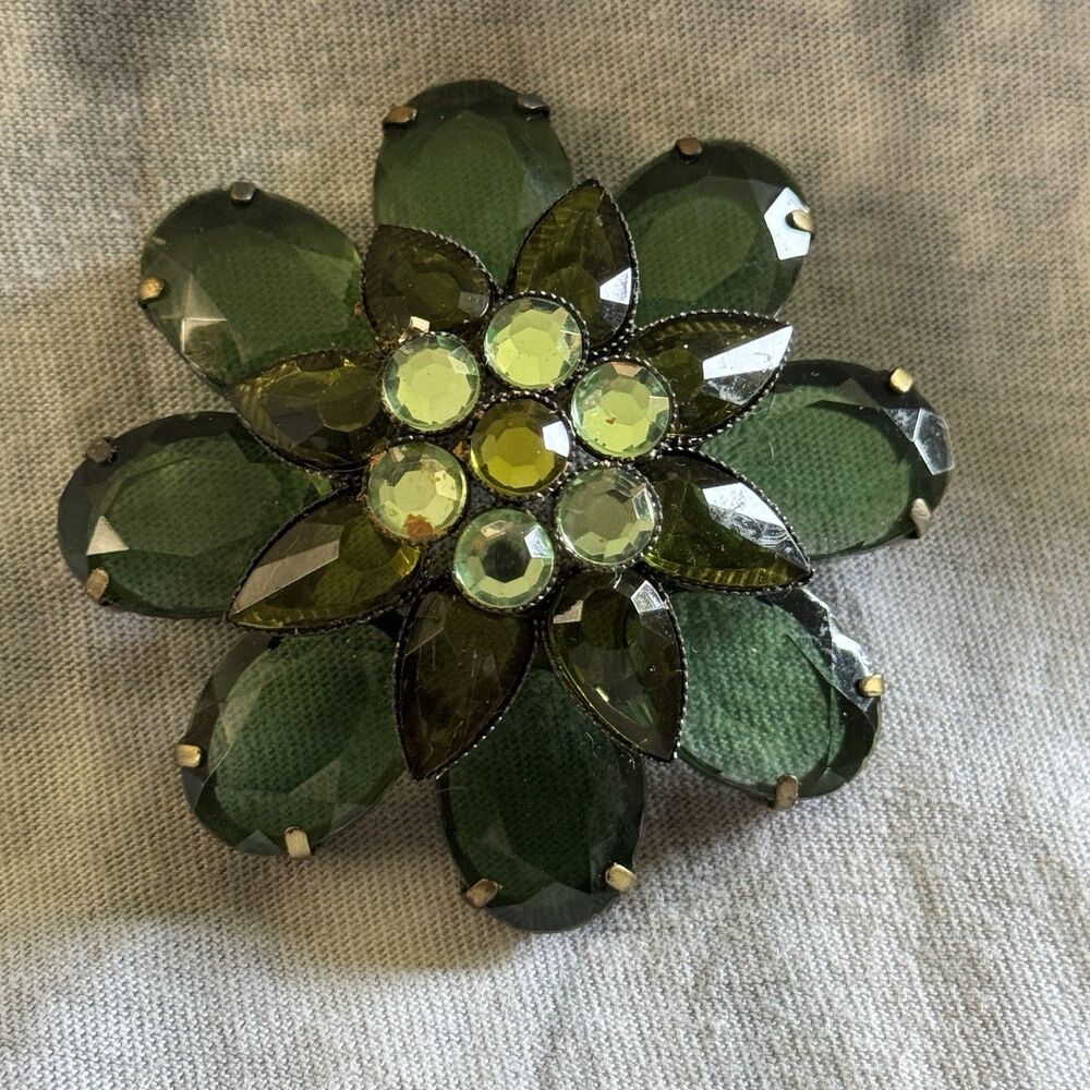 Vintage Green Rhinestone Flower Brooch Layered Dome